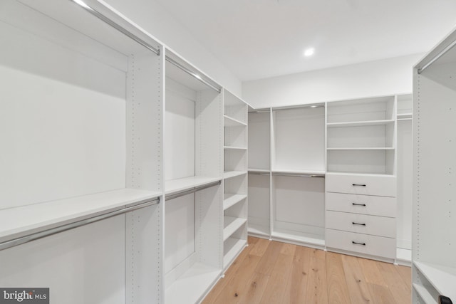 walk in closet with light hardwood / wood-style floors