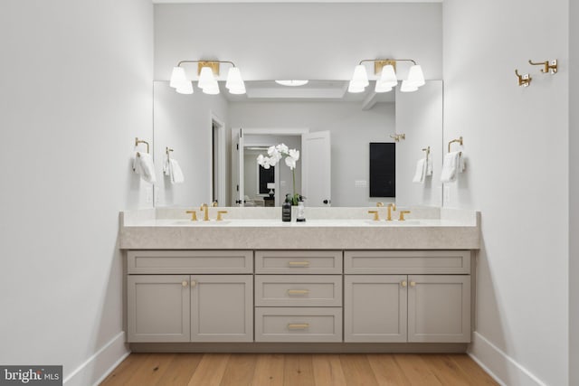 bathroom with vanity and hardwood / wood-style flooring