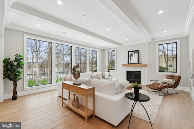 living room featuring light wood-type flooring, ornamental molding, and beam ceiling