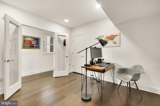 office area featuring baseboards, dark wood finished floors, and recessed lighting