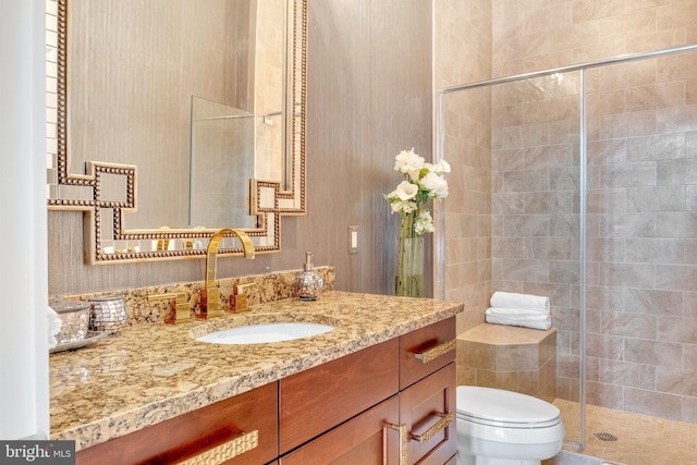 bathroom with vanity, toilet, and an enclosed shower