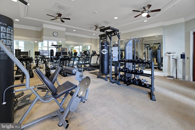 gym with crown molding, carpet floors, and ceiling fan