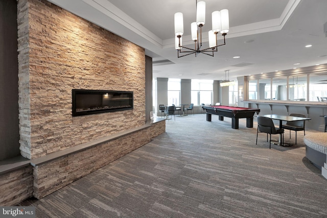 playroom with pool table, carpet floors, and a notable chandelier