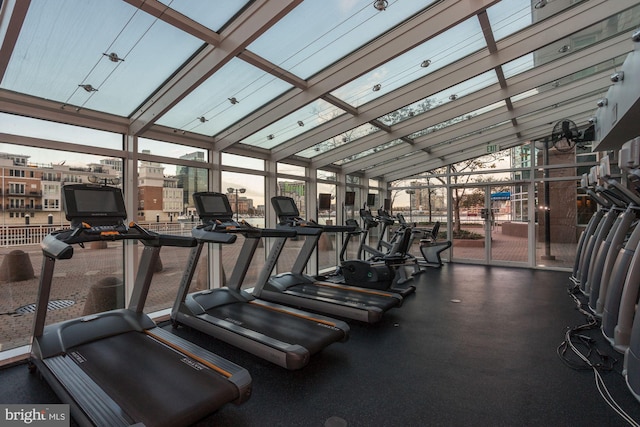 exercise room featuring floor to ceiling windows