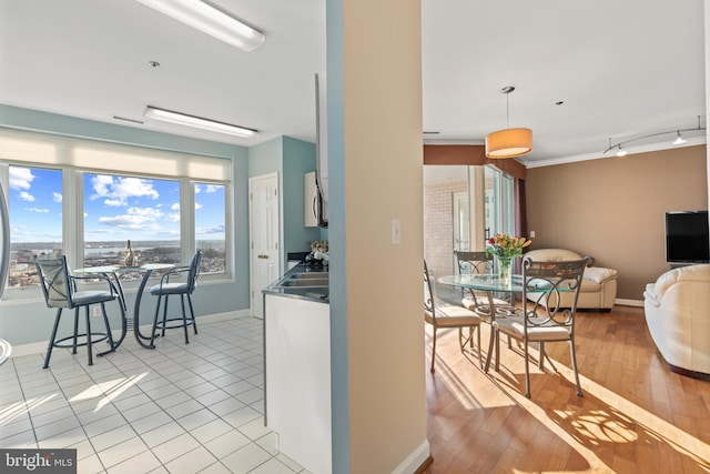 kitchen featuring pendant lighting, light hardwood / wood-style floors, and rail lighting