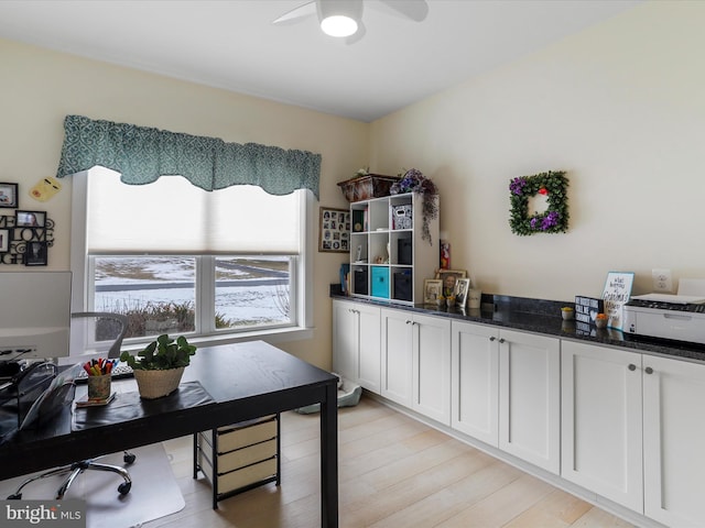 office with light hardwood / wood-style floors and ceiling fan