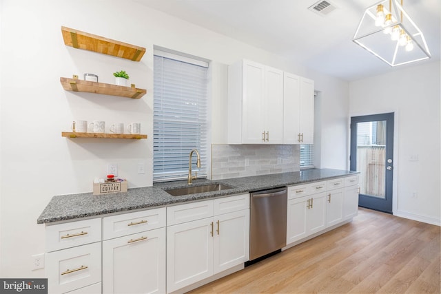 kitchen with backsplash, dishwasher, sink, white cabinets, and dark stone counters