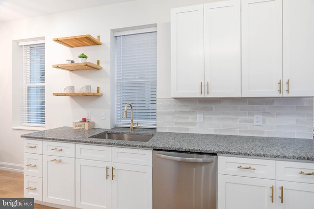 kitchen with sink, white cabinetry, and dishwasher