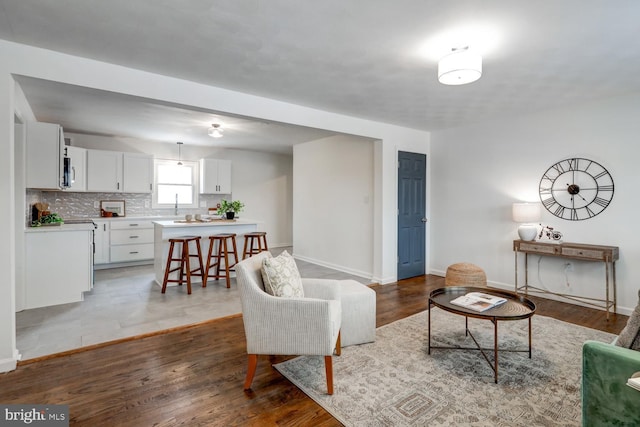 living room with wood-type flooring and sink