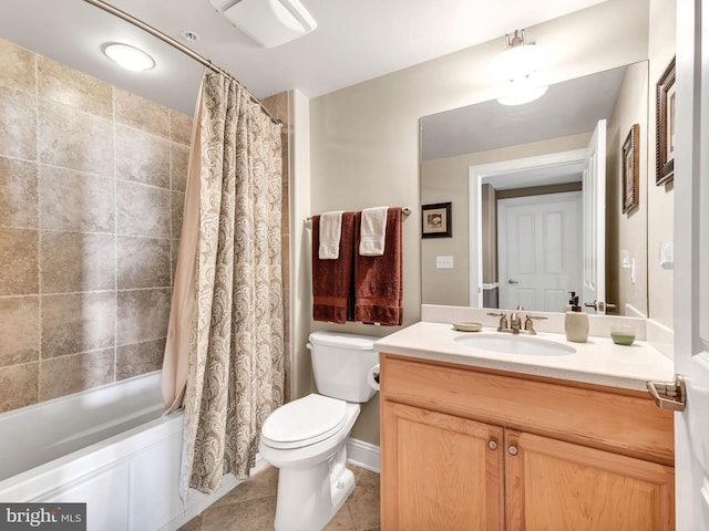 full bathroom featuring toilet, tile patterned flooring, shower / tub combo, and vanity