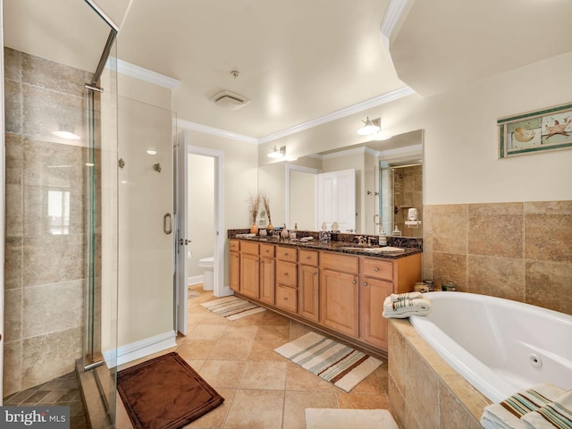 full bathroom with toilet, vanity, tile patterned flooring, and shower with separate bathtub