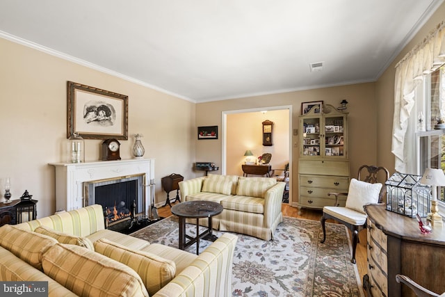 living room with crown molding and wood-type flooring