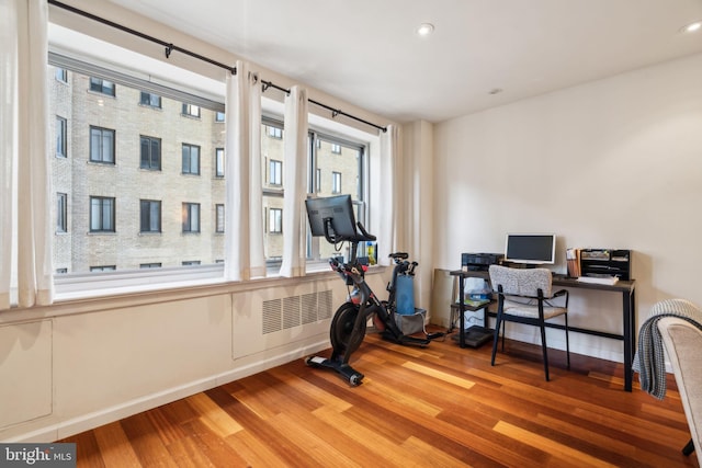 workout area featuring hardwood / wood-style floors