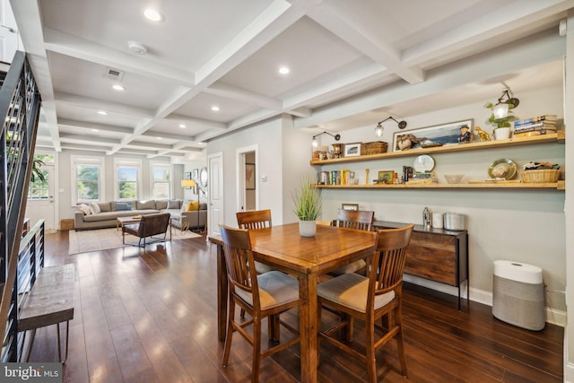 dining room featuring coffered ceiling, dark wood-type flooring, and beam ceiling