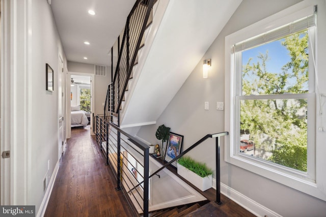 hall featuring lofted ceiling and dark hardwood / wood-style flooring