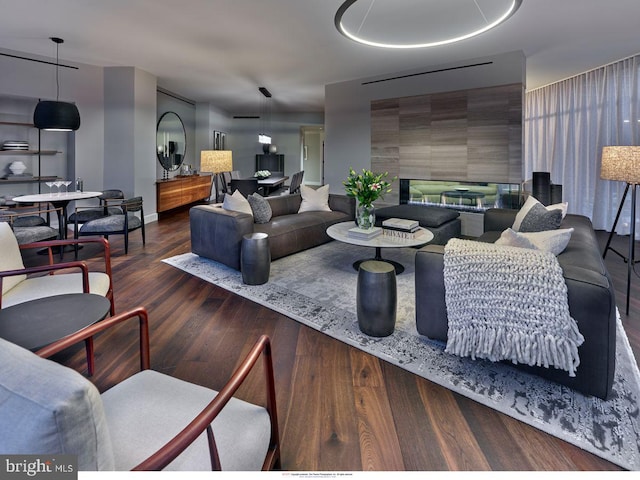 living room with dark hardwood / wood-style flooring