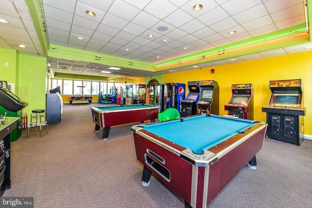 game room featuring a drop ceiling, pool table, and carpet floors