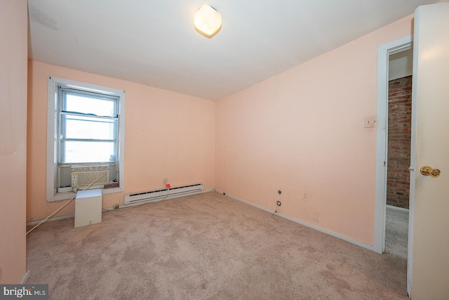 carpeted spare room with cooling unit and a baseboard heating unit