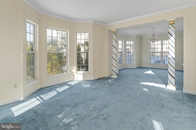 unfurnished living room featuring carpet floors, a notable chandelier, and ornamental molding