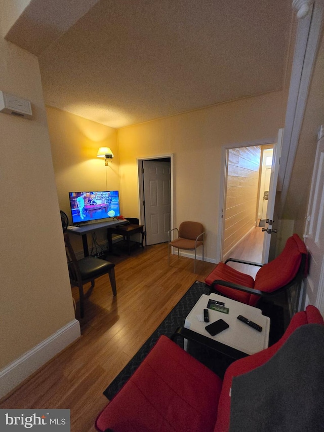 living room featuring hardwood / wood-style flooring and a textured ceiling