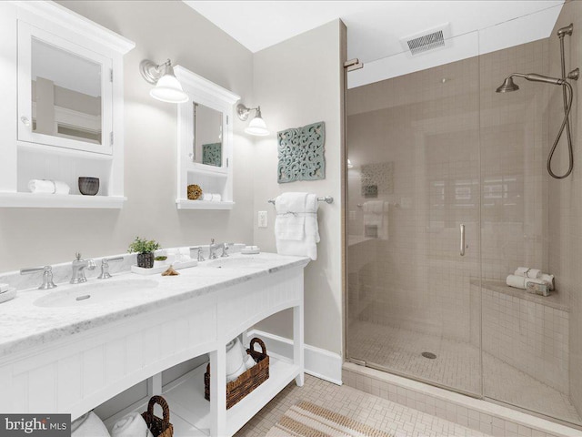 bathroom featuring tile patterned floors, vanity, and walk in shower