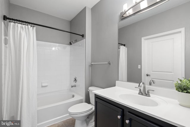 full bathroom featuring shower / bathtub combination with curtain, vanity, toilet, and tile patterned flooring