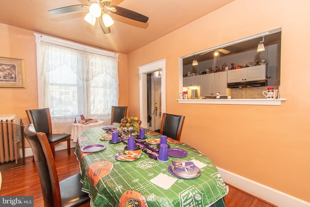 dining room featuring ceiling fan and dark hardwood / wood-style flooring