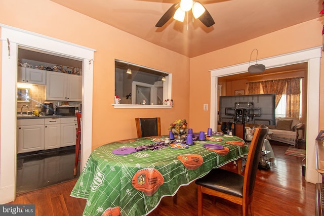 dining room with sink, dark wood-type flooring, and ceiling fan