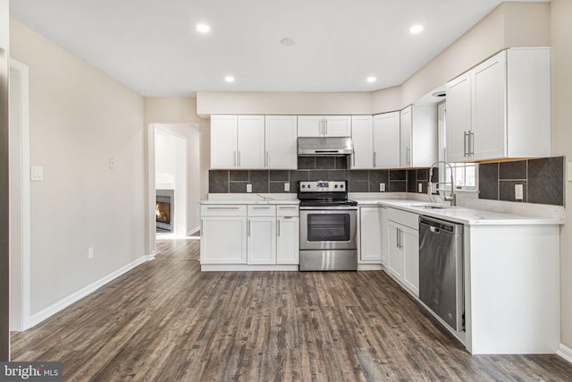 kitchen featuring dark hardwood / wood-style floors, tasteful backsplash, white cabinets, appliances with stainless steel finishes, and sink