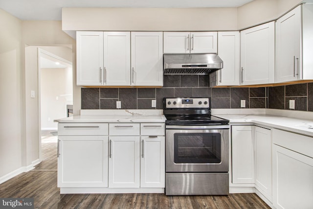 kitchen with stainless steel range with electric stovetop, white cabinets, dark wood-type flooring, and light stone countertops