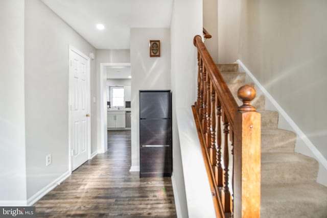 stairway with hardwood / wood-style flooring