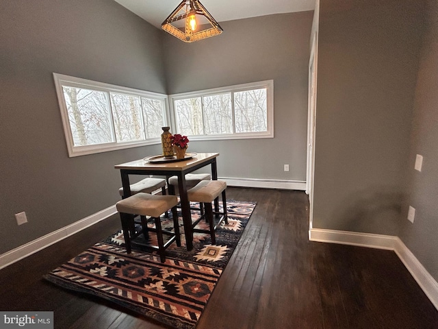 dining space with dark hardwood / wood-style floors and baseboard heating