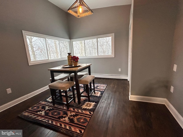 dining room with dark wood-type flooring and baseboard heating