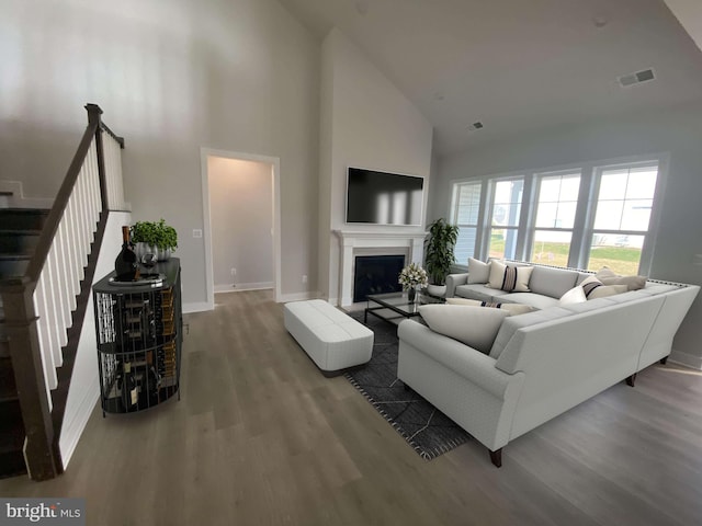 living room featuring high vaulted ceiling and wood-type flooring