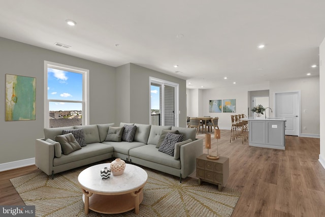 living room featuring sink and light hardwood / wood-style flooring