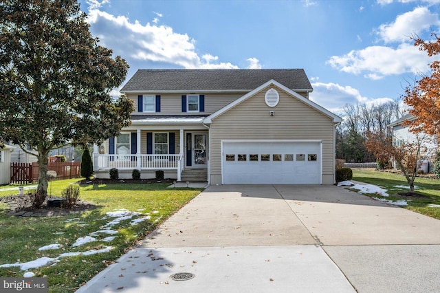 view of front facade featuring a garage, a front lawn, and a porch