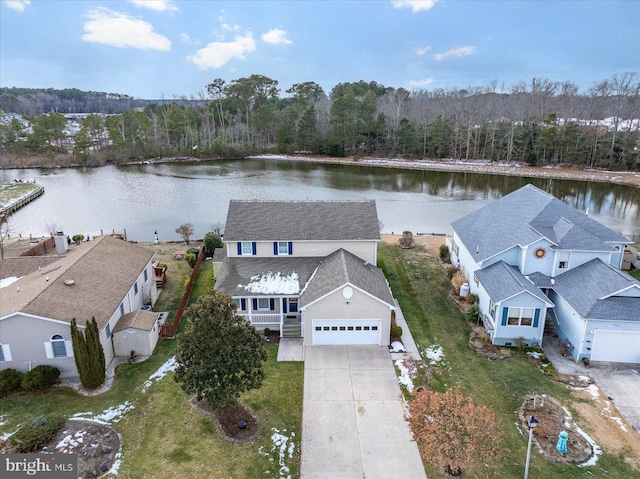 drone / aerial view featuring a water view