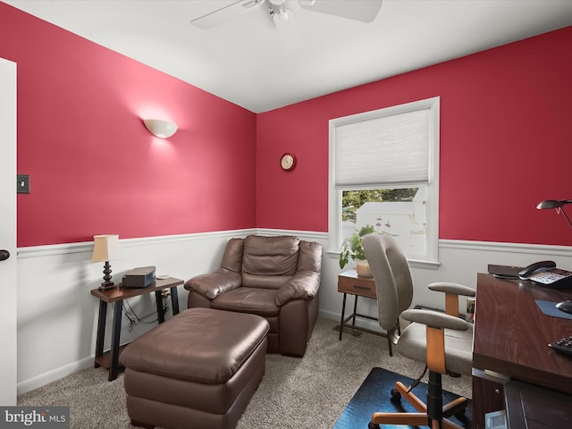 office with ceiling fan and carpet