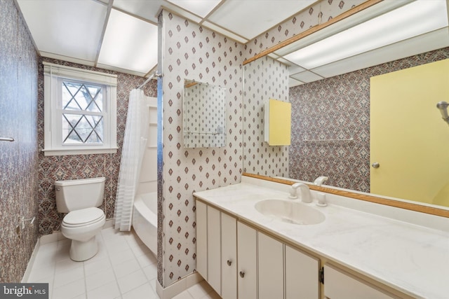 full bathroom with toilet, shower / tub combo, vanity, and tile patterned flooring