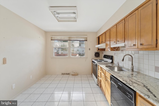 kitchen featuring white electric range oven, light stone counters, sink, black dishwasher, and backsplash