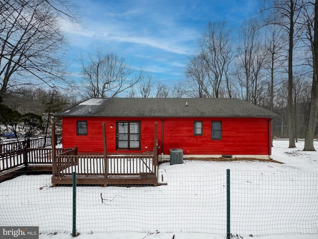 snow covered property with a deck and central air condition unit