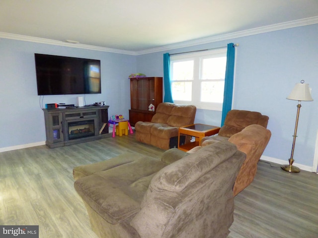 living room featuring ornamental molding and hardwood / wood-style floors