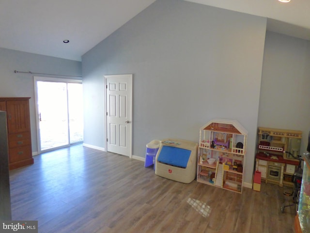 recreation room featuring lofted ceiling and hardwood / wood-style floors