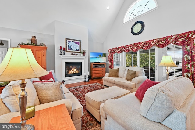 living room featuring high vaulted ceiling, plenty of natural light, and hardwood / wood-style floors