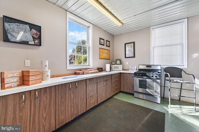 kitchen with stainless steel range with gas stovetop