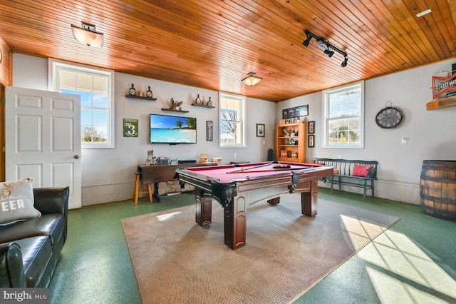 recreation room featuring wooden ceiling, a healthy amount of sunlight, pool table, and rail lighting