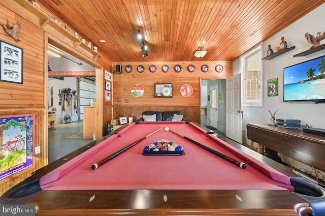 playroom featuring track lighting, pool table, wood walls, and wood ceiling