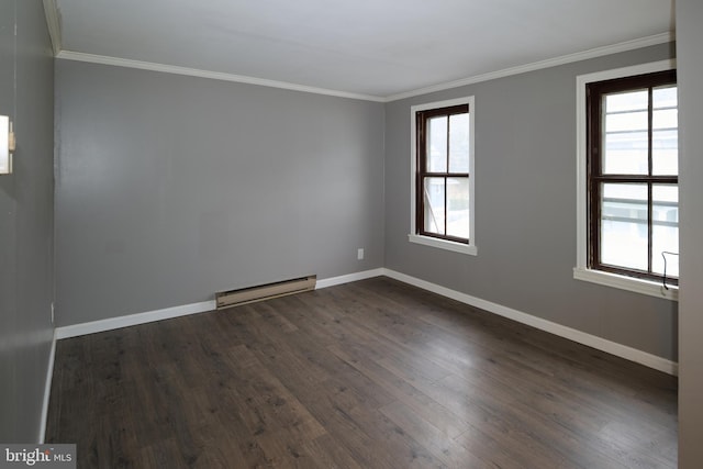 unfurnished room with a baseboard radiator, ornamental molding, and dark hardwood / wood-style floors