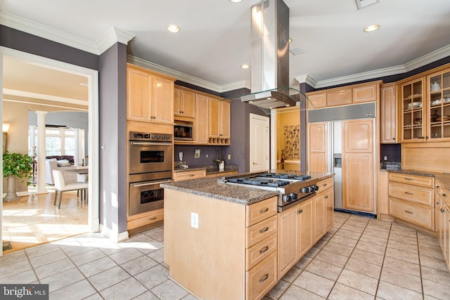 kitchen featuring island exhaust hood, ornamental molding, light brown cabinetry, built in appliances, and a center island