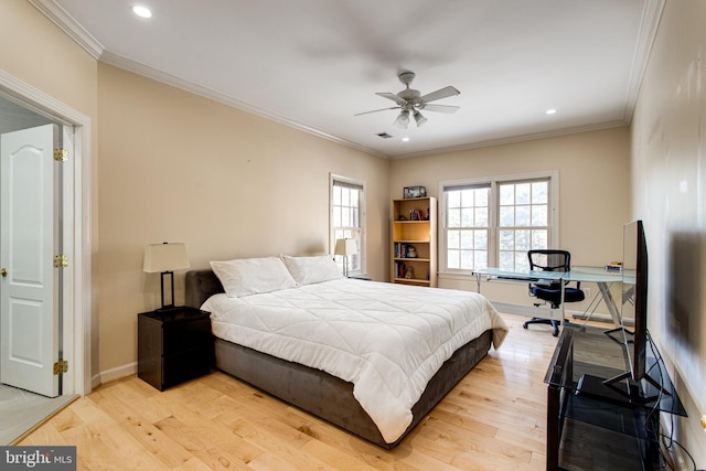 bedroom with recessed lighting, baseboards, light wood-style flooring, and ornamental molding